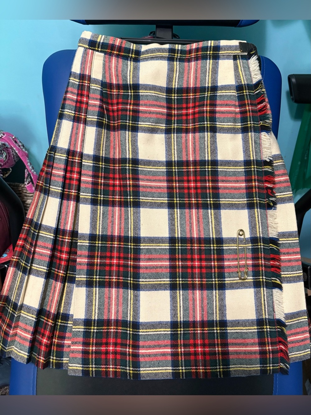 Vintage Plaid Wool Pleated Skirt in Cream and Red